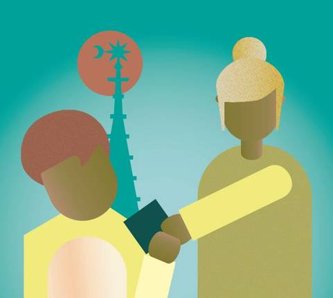Abstrakte Illustration einer Person, die einen Gegenstand einer anderen Person übergibt, im Hintergrund ein Kirchturm