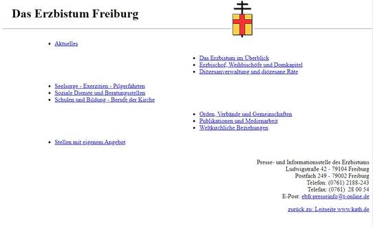 Screenshot der Website des Erzbistum Freiburg vom 29-01-1998, gehostet auf kath.de