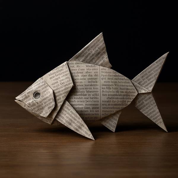 Illustration Fisch aus gefaltetem Zeitungspapier.